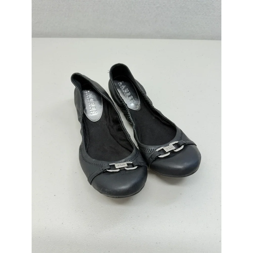 Ralph Lauren Jayna Black Leather Ballet Flats Silver Logo Buckle 7.5 B
